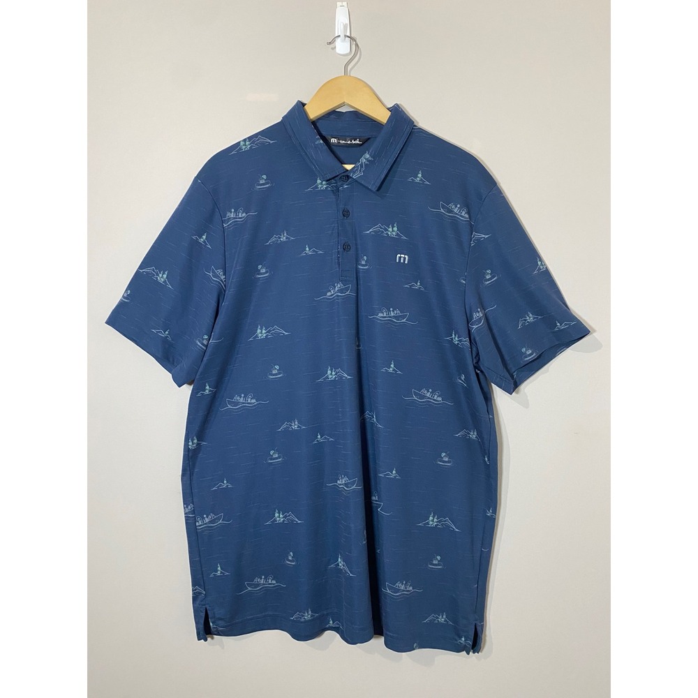 Travis Mathew Mens XXL Blue Fishing Boat Mountain Print Pima Cotton Polo Shirt